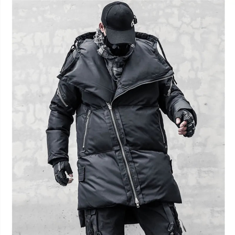 Unisex Winterjacke Schwarz mit Asymmetrischem Reißverschluss und Kapuze
