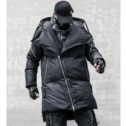 Unisex Winterjacke Schwarz mit Asymmetrischem Reißverschluss und Kapuze