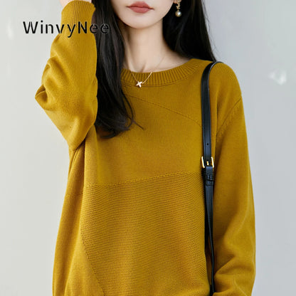 Damen Pullover Rundhals Langarm Strickpullover mit Textur