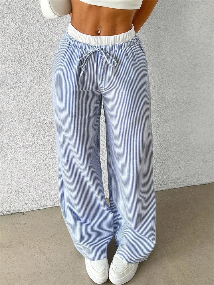 Damen Weite Hose mit Streifenmuster, Hohem Bund und Kordelzug – Lange Palazzo Hose