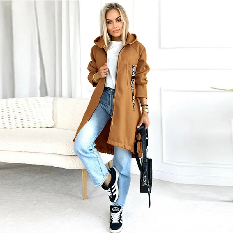 Damen Langer Kapuzenpullover mit Reißverschluss und Fronttasche, Langarm