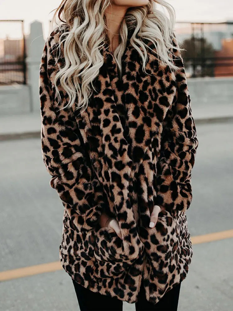Damen Kurzmantel Leopard Print Plüschmantel