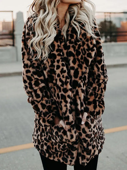 Damen Kurzmantel Leopard Print Plüschmantel