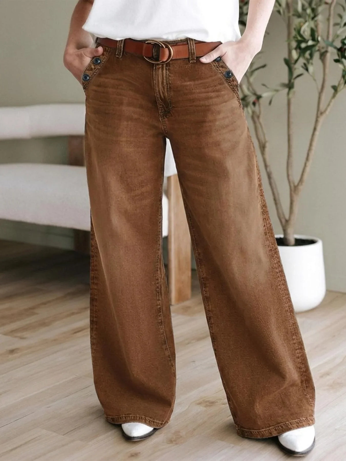 Damen Wide Leg Hose Braun mit hoher Taille und Knöpfen