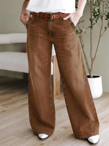 Damen Wide Leg Hose Braun mit hoher Taille und Knöpfen