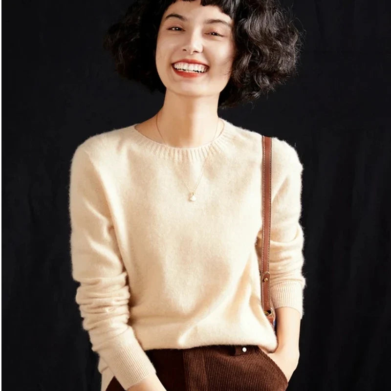 Damen Rundhals Pullover Langarm Basic Strickpullover