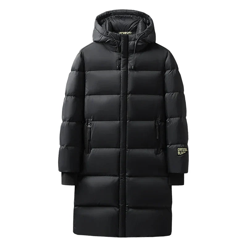 Langer Steppmantel mit Kapuze für Herren, Schwarz, Winter, Gefüttert