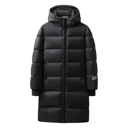 Langer Steppmantel mit Kapuze für Herren, Schwarz, Winter, Gefüttert