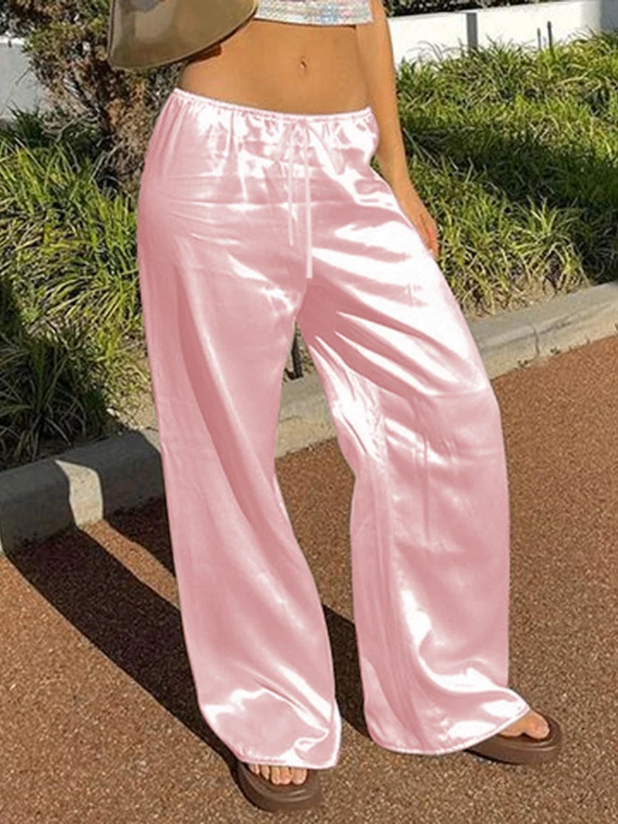Damen Weite Hose mit Elastischem Bund – Satin-Optik Bequeme Lounge-Hose