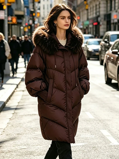 Damen Steppmantel mit Kapuze und Fellimitatbesatz, Warm Gefütterter Winterparka