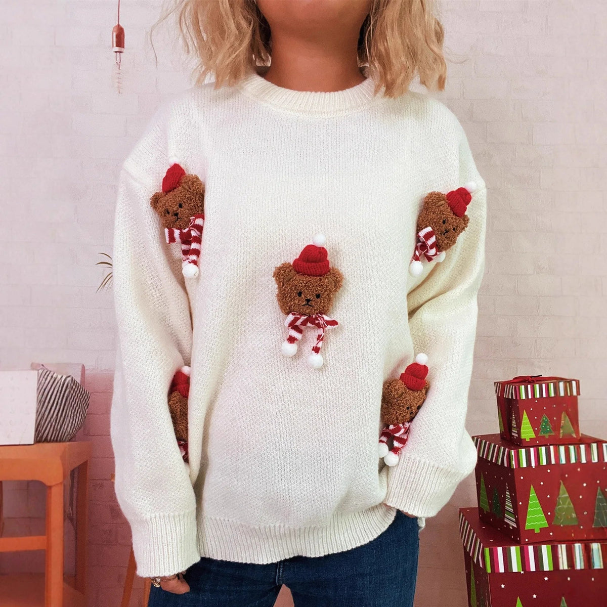 Damen Weihnachtspullover Strick Teddybär Applikationen Rundhals Rot