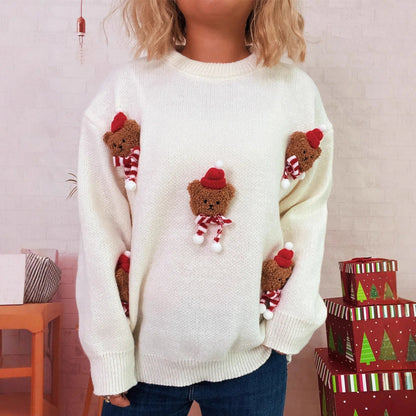 Damen Weihnachtspullover Strick Teddybär Applikationen Rundhals Rot