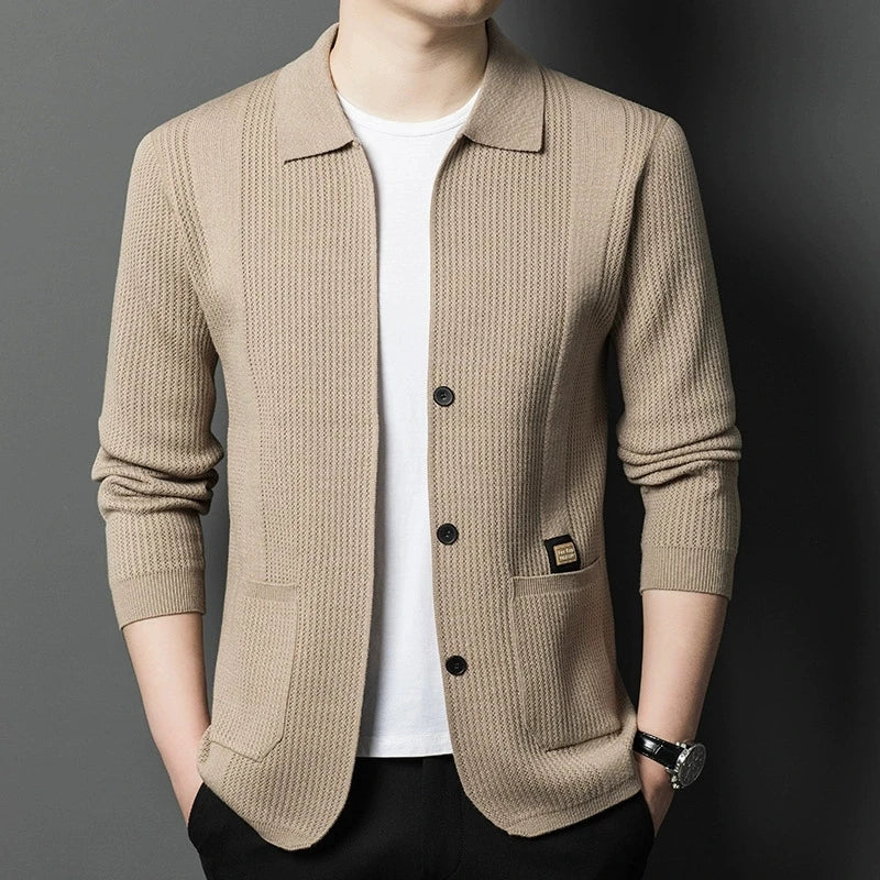 Herren Cardigan Strickjacke gerippt Reverskragen Beige
