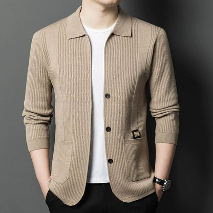 Herren Cardigan Strickjacke gerippt Reverskragen Beige