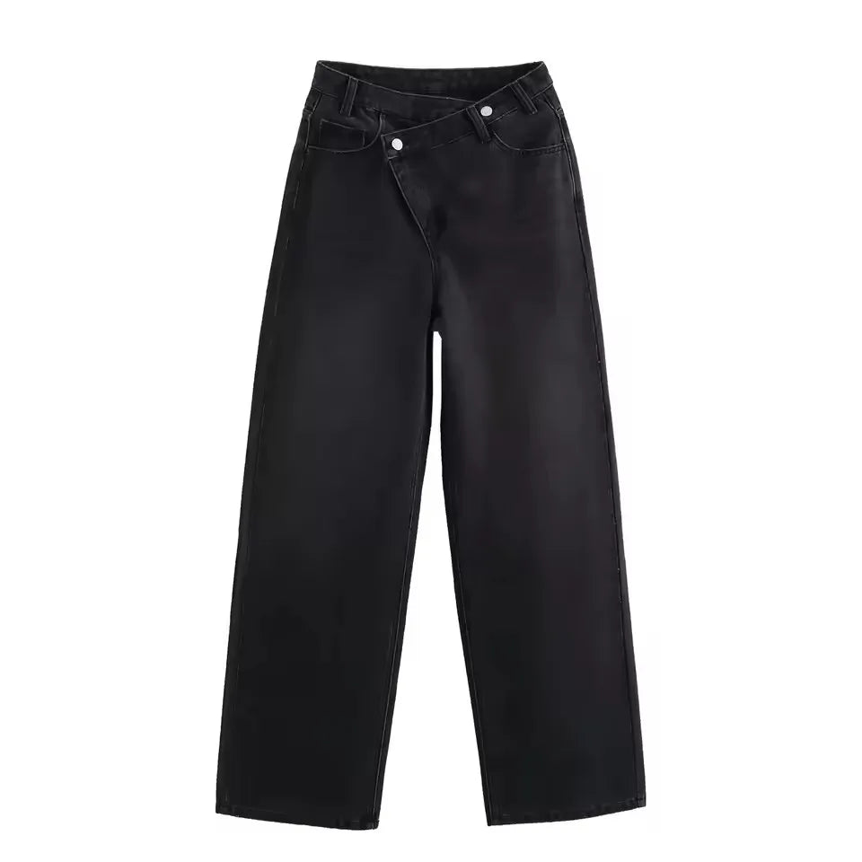 Damen Jeans Asymmetrischer Verschluss Hohe Taille Weites Bein