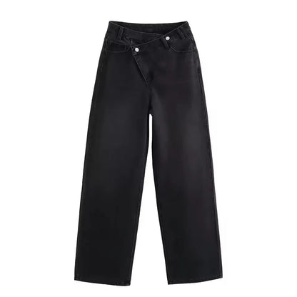 Damen Jeans Asymmetrischer Verschluss Hohe Taille Weites Bein