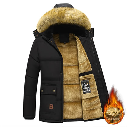 Herren Winterjacke Schwarz gefüttert mit Kapuze und Kunstfellkragen
