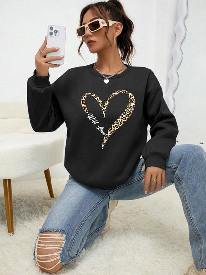 Damen Sweatshirt mit Leopardenherz-Druck Rundhals Langarm Pullover