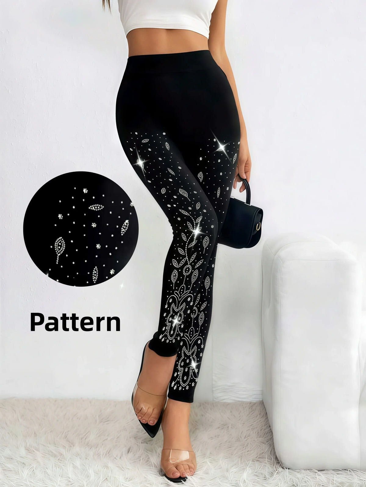 Schwarze Leggings mit Strass-Verzierung, hoher Bund