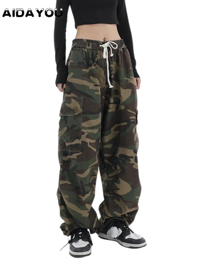 Cargohose Damen Camouflage Grün Weites Bein
