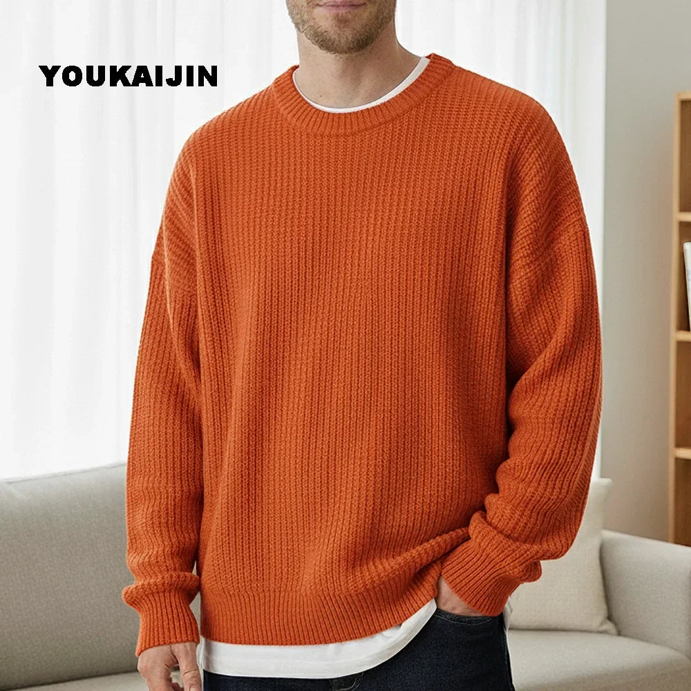 Herren Strickpullover Rundhals Weit Geschnitten Gerippte Bündchen