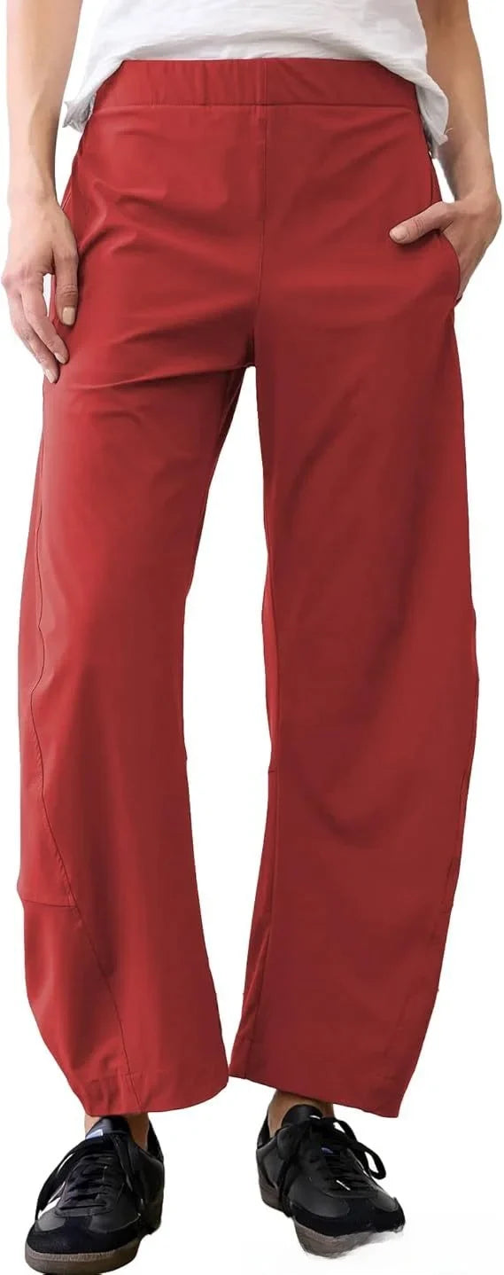 Damen Freizeithose Weites Bein Elastischer Bund Bequeme Stoffhose