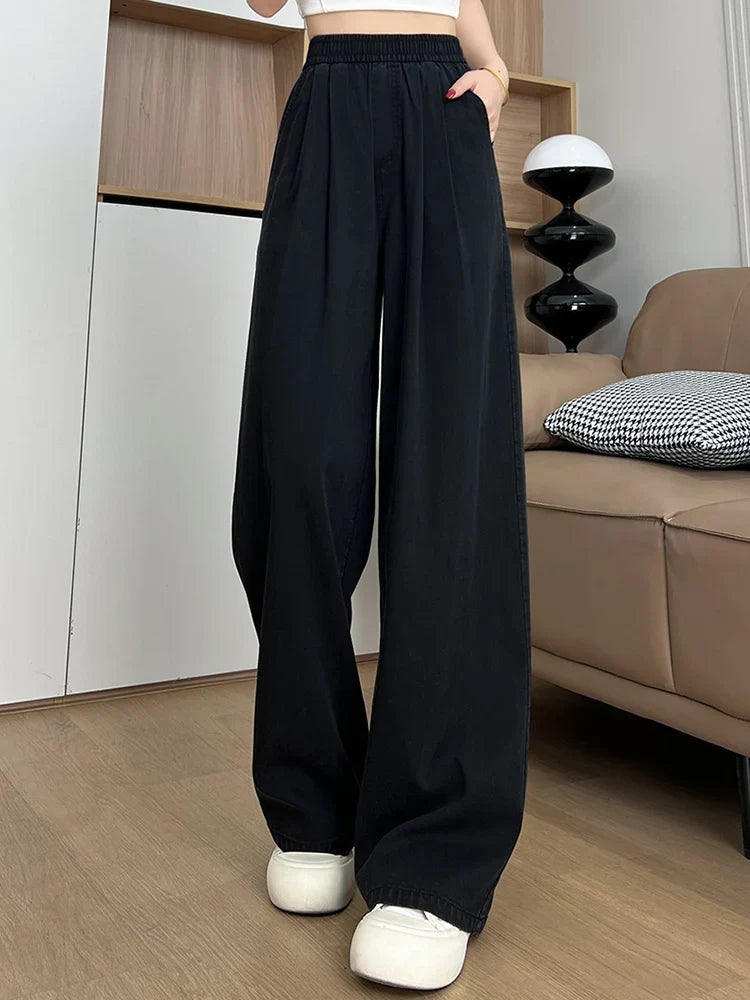 Damen Weite Hose Jeans Optik mit Gummibund Blau Schwarz Weiß