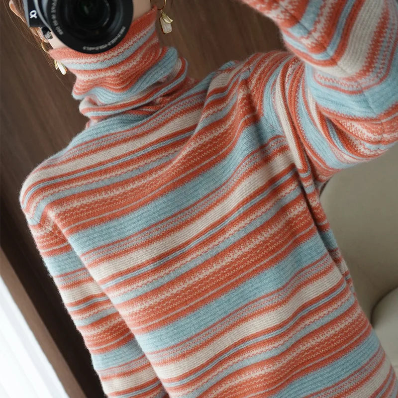 Damen Strickpullover mit Rollkragen – Modischer Streifenpullover für Herbst und Winter
