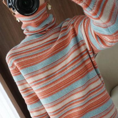 Damen Strickpullover mit Rollkragen – Modischer Streifenpullover für Herbst und Winter