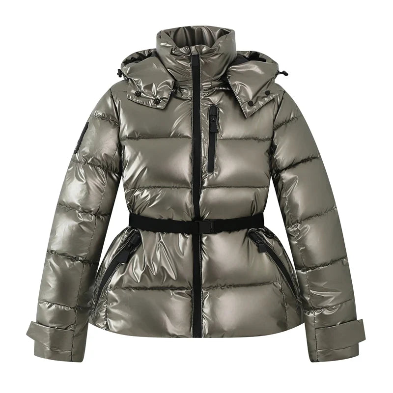 Damen Steppjacke mit Kapuze und Gürtel, glänzend, in verschiedenen Farben