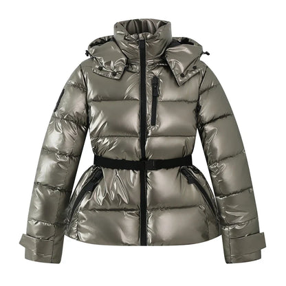 Damen Steppjacke mit Kapuze und Gürtel, glänzend, in verschiedenen Farben