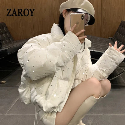 Damen Steppjacke mit Kapuze und Druckknöpfen, Winterjacke gefüttert