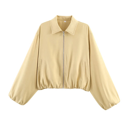 Damen Cropped Jacke Reißverschluss Stehkragen Langarm