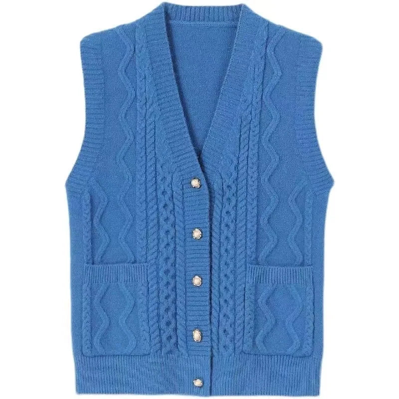 Damen Strickweste mit Zopfmuster V-Ausschnitt Knopfleiste
