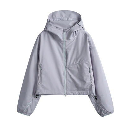 Damen Kurze Kapuzenjacke Windbreaker Leicht Reißverschluss