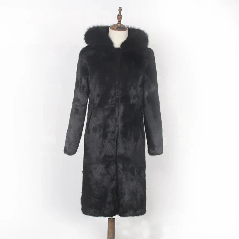 Damen Langer Mantel Schwarz mit Kapuze und Fellbesatz