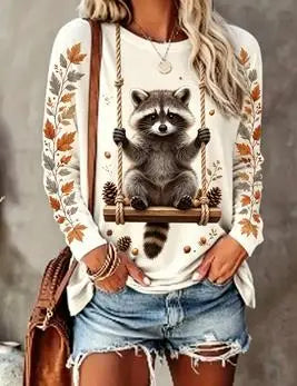 Damen Langarmshirt Rundhals mit Tier-Print Schaukelmotiv