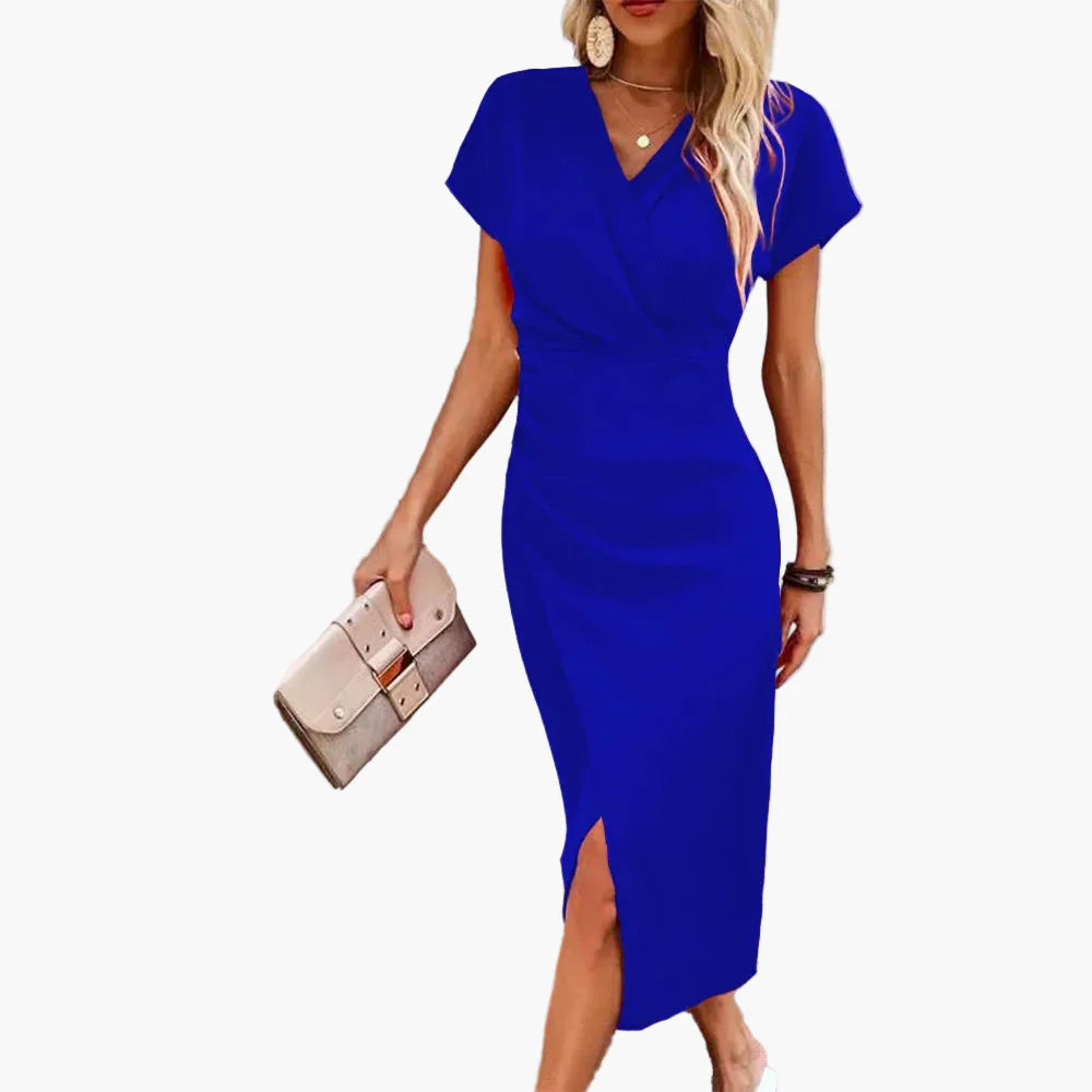 Damen Midikleid Elegant Wickeloptik V-Ausschnitt Business & Freizeit