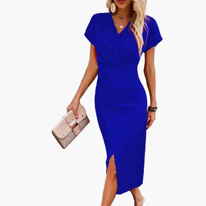 Damen Midikleid Elegant Wickeloptik V-Ausschnitt Business & Freizeit