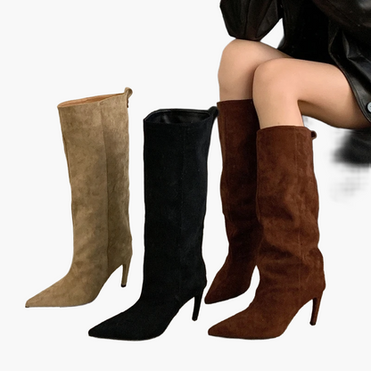 Damen Stiefel mit hohem Absatz und spitzer Zehenpartie – Modische Slouchy Boots für Herbst und Winter