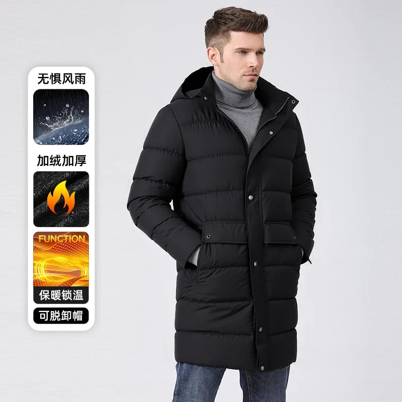 Herren Daunenmantel lang Winter Steppmantel mit Kapuze gepolstert