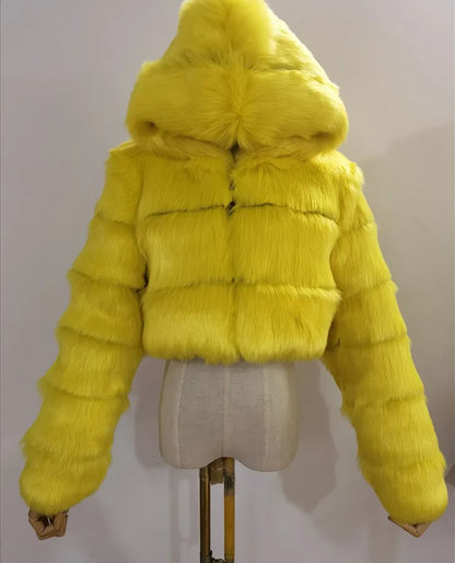 Kurze Damen Pelzimitat Jacke mit Kapuze und langen Ärmeln