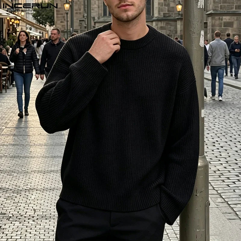 Herren Langarmshirt gerippt Schwarz Rundhals weiter Schnitt