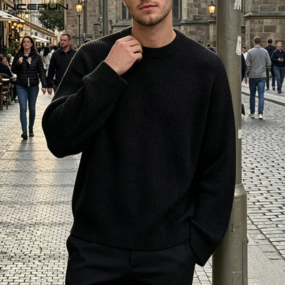 Herren Langarmshirt gerippt Schwarz Rundhals weiter Schnitt