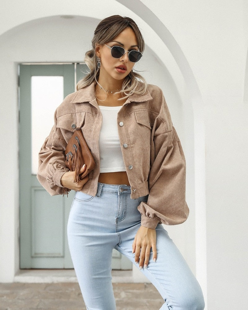 Damen Cropped Cordjacke mit Puffärmeln und Brusttaschen