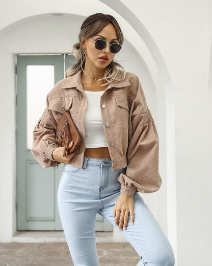 Damen Cropped Cordjacke mit Puffärmeln und Brusttaschen