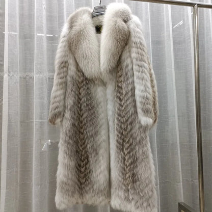 Damen Langer Mantel aus Kunstfell mit Chevron-Muster und Kragen