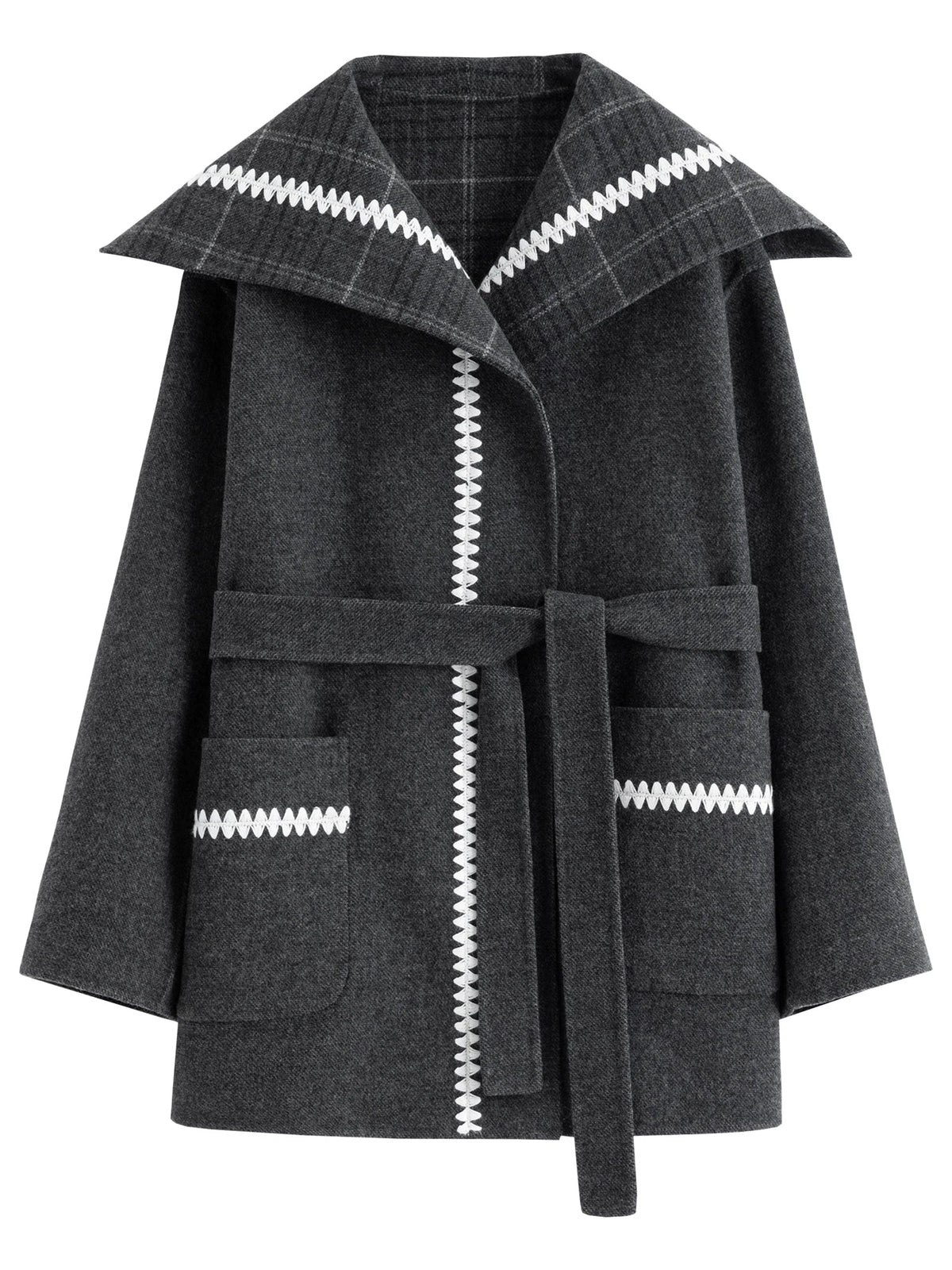 Damen Kurzmantel mit Karomuster-Kragen & Bindegürtel