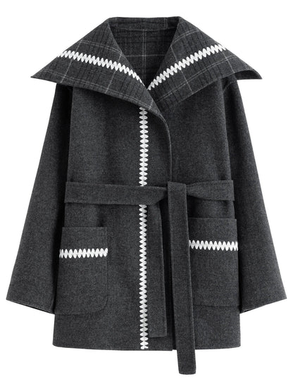 Damen Kurzmantel mit Karomuster-Kragen & Bindegürtel