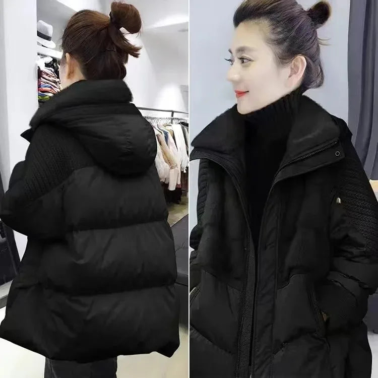 Damen Winter Steppjacke mit Kapuze Teddyfutter Strickdetails Beige